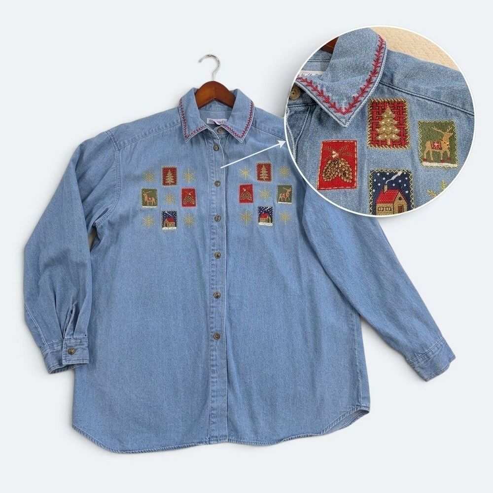 Vintage David Brooks Embroidered Christmas Denim Button Up Shirt Large